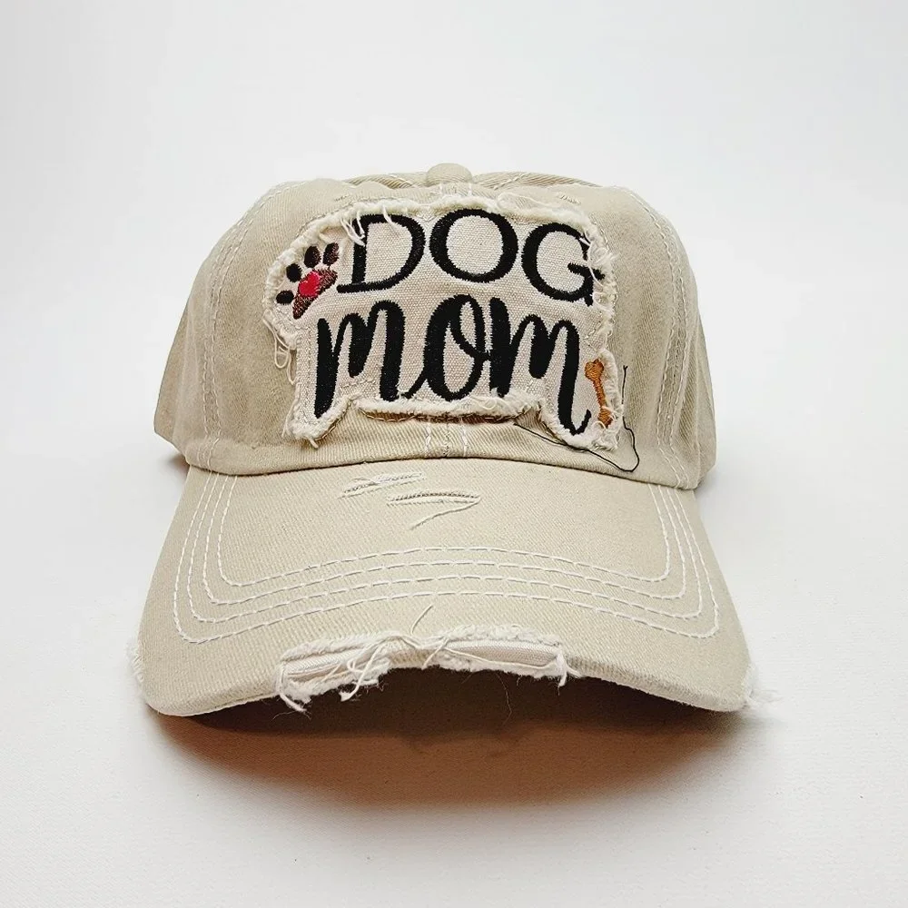 Dog Mom Distressed Relaxed Buckle Strap Full Cover Baseball Hat Cap Tan